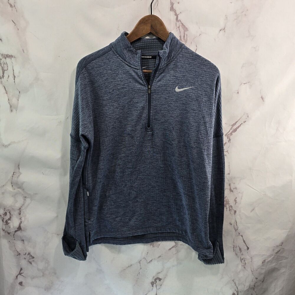 Nike Quarter Zip Womens Medium Blue Pullover Micro Grid Fleece Lined Thumb Holes